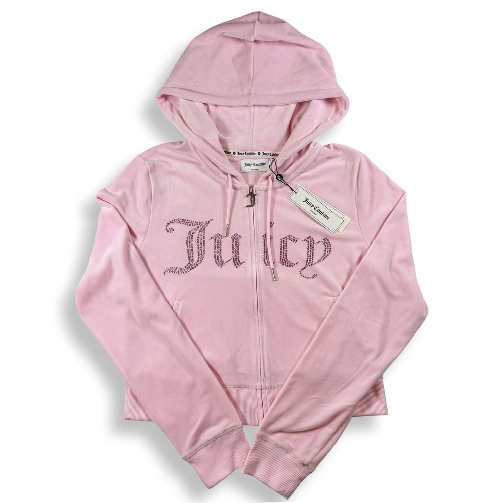 Juicy Couture Pink Velour Rhinestone Logo Zip Up Hoodie Cherry Blossom Large NWT